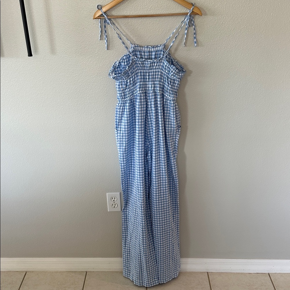 Sincerely Jules Blue Gingham Smocked Sleeveless Ruffled Wide Leg Jumpsuit, XS - Picture 3 of 7